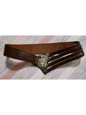 Vintage Leather Belt Etched Filigree Asymmetrical Buckle BOSTON 1987 USA Rare